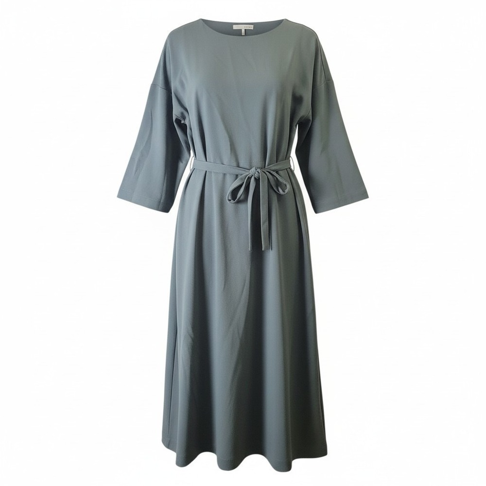 Oak + Fort Belted Midi Dress Small Sage Green Short Sleeve Tie Waist Minimalist